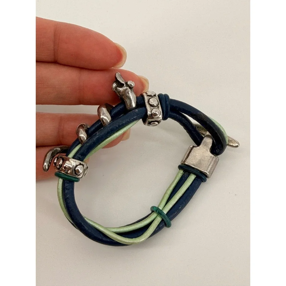 Navy Blue Sage Green Leather Multi Strand Snake Toggle Bracelet Silver Tone
